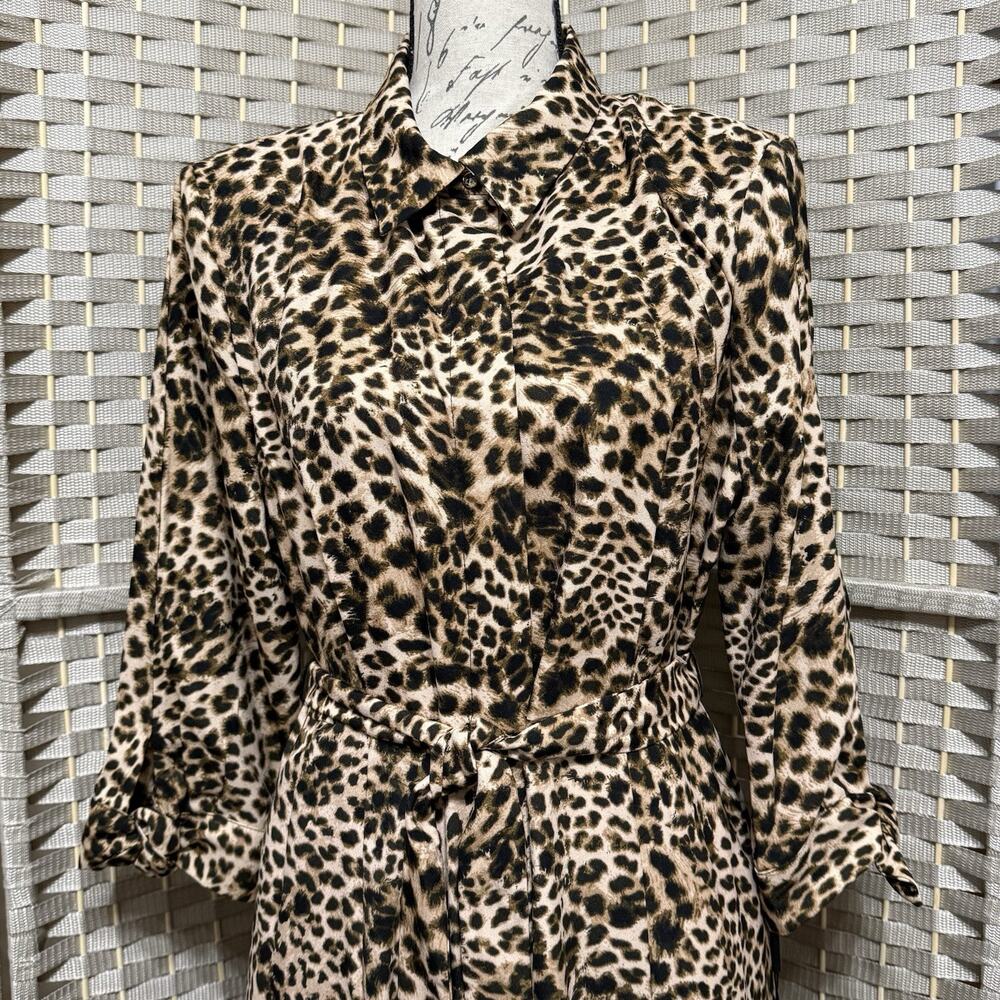 Calvin Klein Leopard Print Shirt Dress Women’s Size 14 Belted Tie Sleeves NEW - Picture 4 of 12